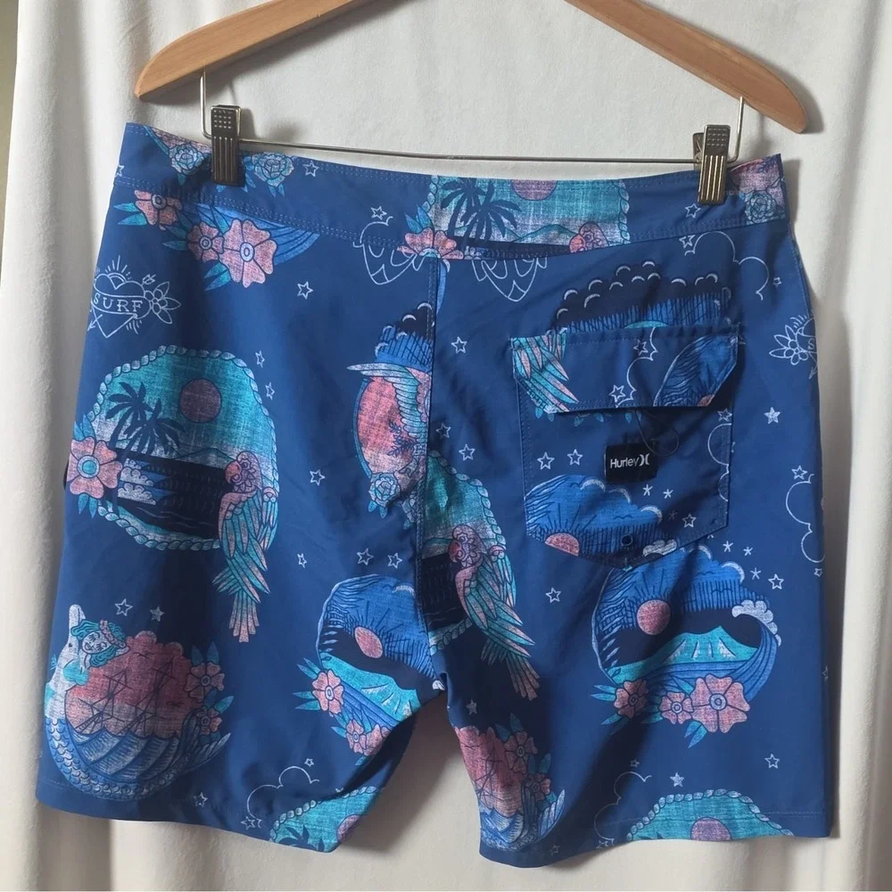 Hurley Men's Blue Tattoo Graphic Board Shorts Swim Size 32 Drawstring Pockets